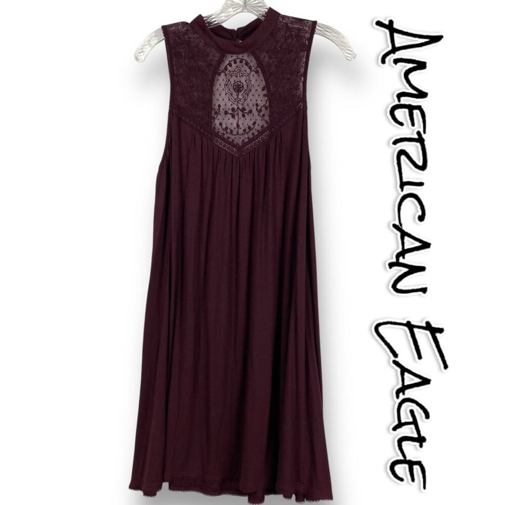 American Eagle Sleeveless Burgundy Mock Neck Mini Dress Lace Womens Size Medium